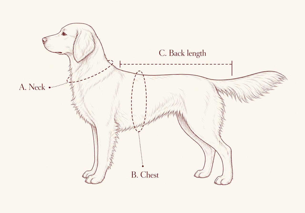 Diagram of a dog in profile showing where to measure the neck (A), chest (B), and back length (C).